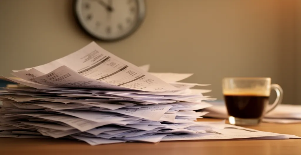 Bureau encombré avec pile de factures et horloge en arrière-plan