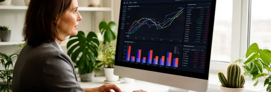 Responsable financière analysant des indicateurs de performance sur écran