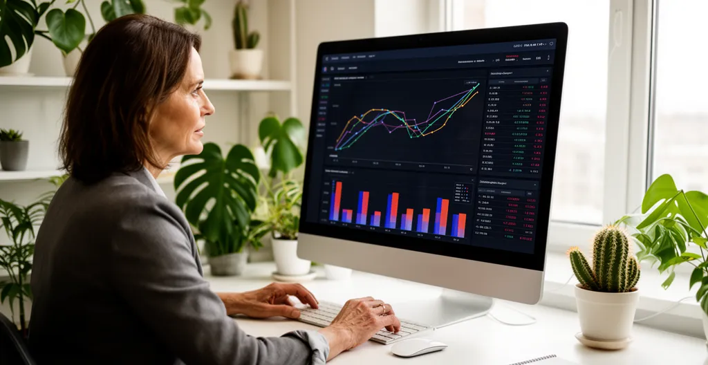 Responsable financière analysant des indicateurs de performance sur écran