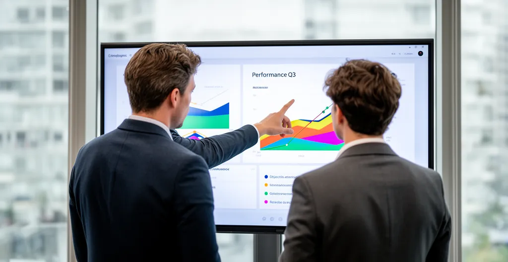 Deux collègues analysant des graphiques de performance sur écran