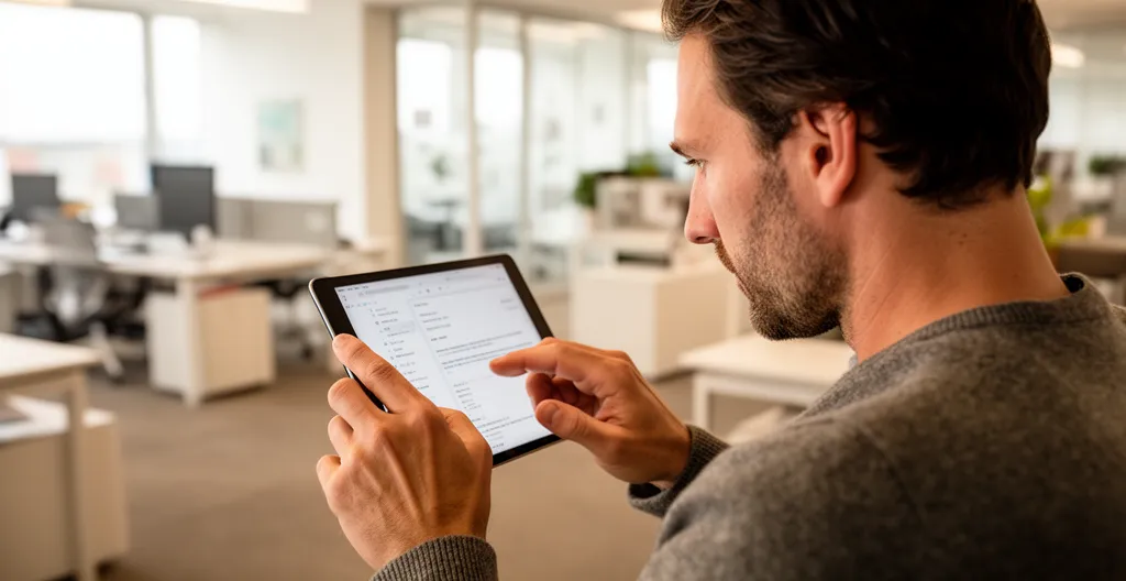 Collaborateur utilisant une application de formation sur tablette avec engagement