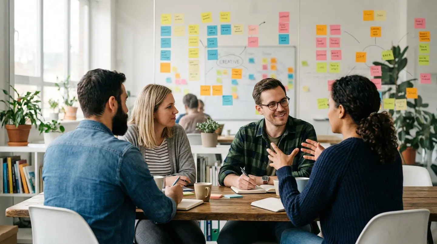Des collaborateurs vus de dos participent à une réunion de travail, des post-its colorés sont visibles sur un mur en arrière-plan flouté