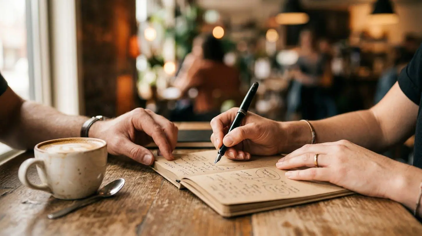 Des mains tiennent un carnet et un stylo lors d'un échange professionnel, une tasse de café visible sur la table