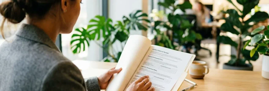 Une professionnelle vue de dos consulte des documents dans un espace de travail moderne avec des plantes vertes en arrière-plan