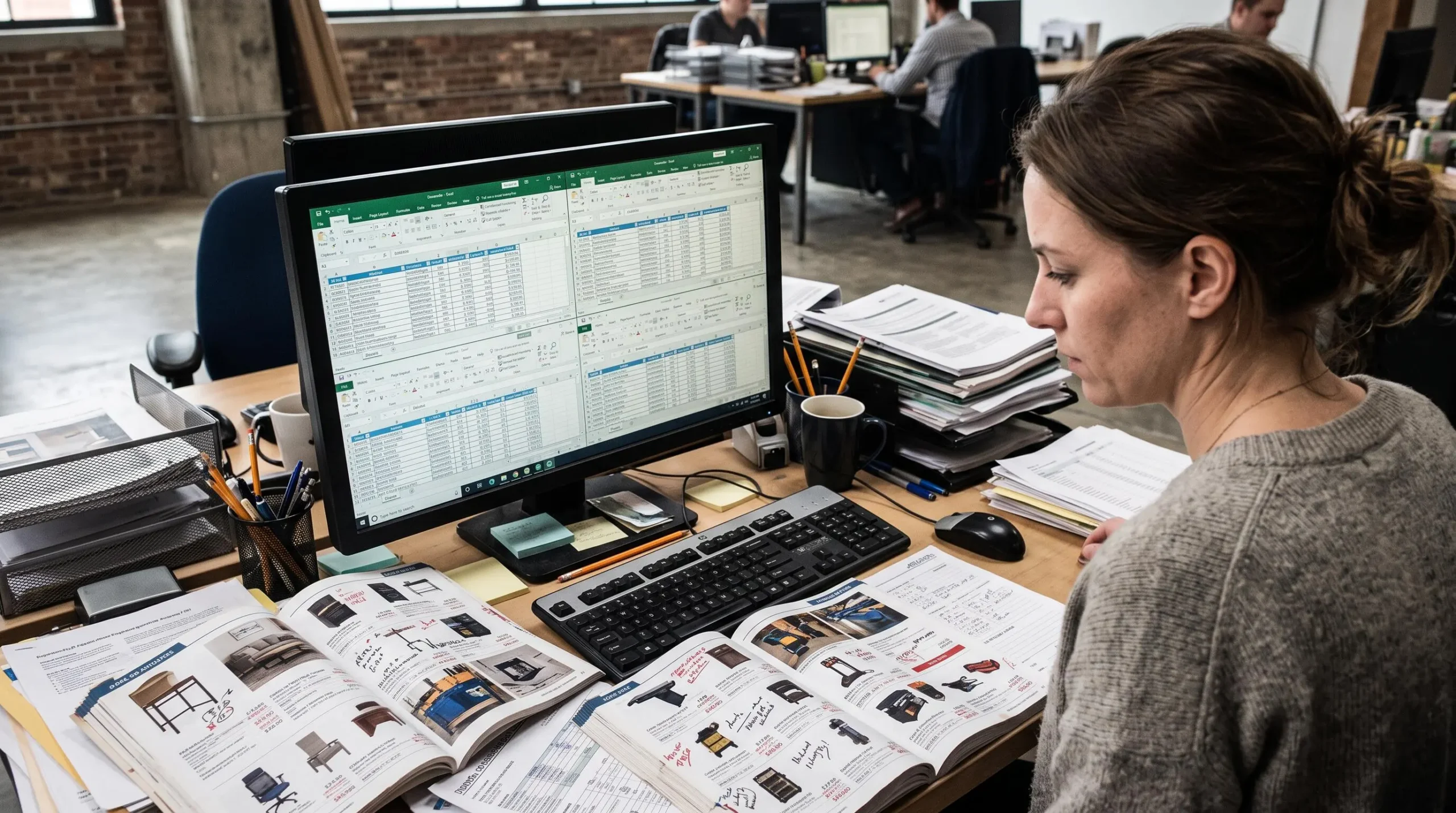Bureau de responsable catalogue avec multiples fichiers Excel ouverts, catalogues papier éparpillés et notes manuscrites de corrections tarifaires