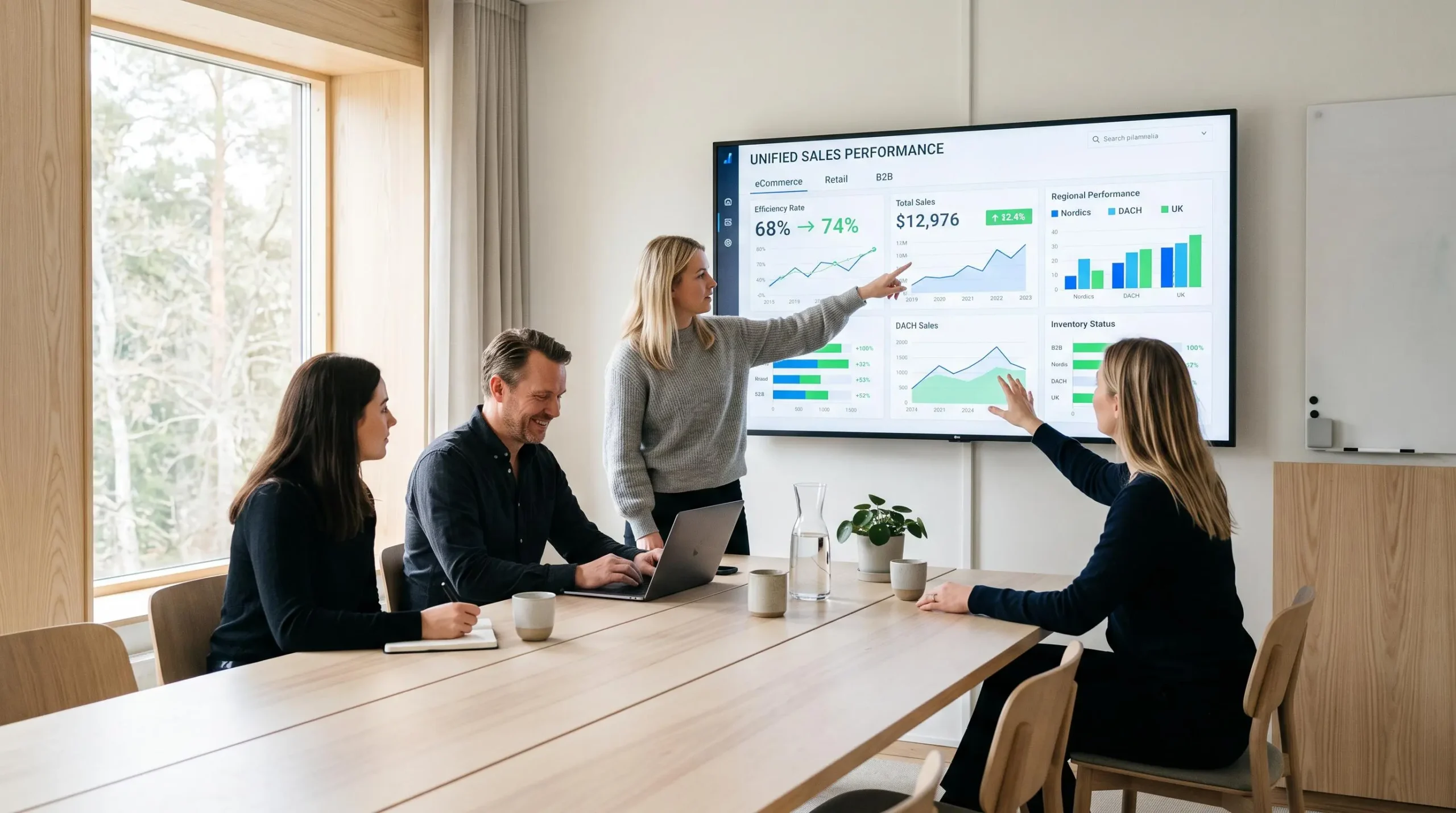 Équipe commerciale analysant un tableau de bord unifié affichant les indicateurs de performance et données produit synchronisées