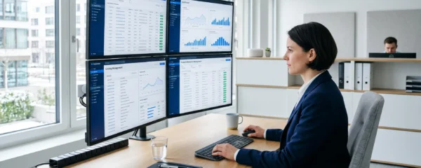 Espace de travail professionnel avec plusieurs écrans affichant des tableaux de bord de gestion centralisée de données produit et des flux synchronisés en temps réel