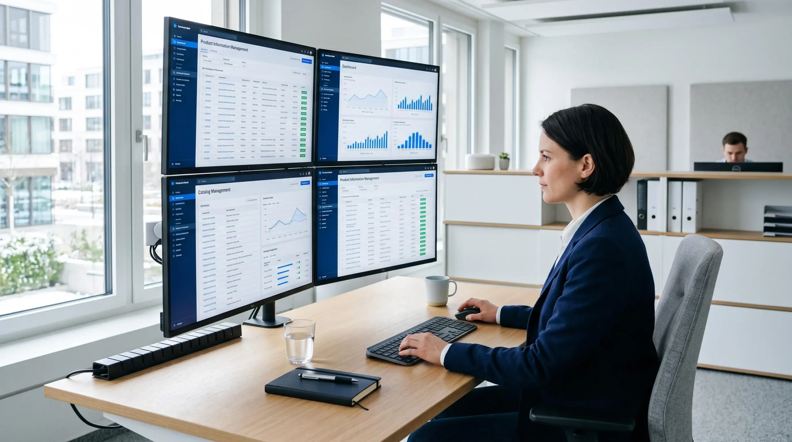 Espace de travail professionnel avec plusieurs écrans affichant des tableaux de bord de gestion centralisée de données produit et des flux synchronisés en temps réel