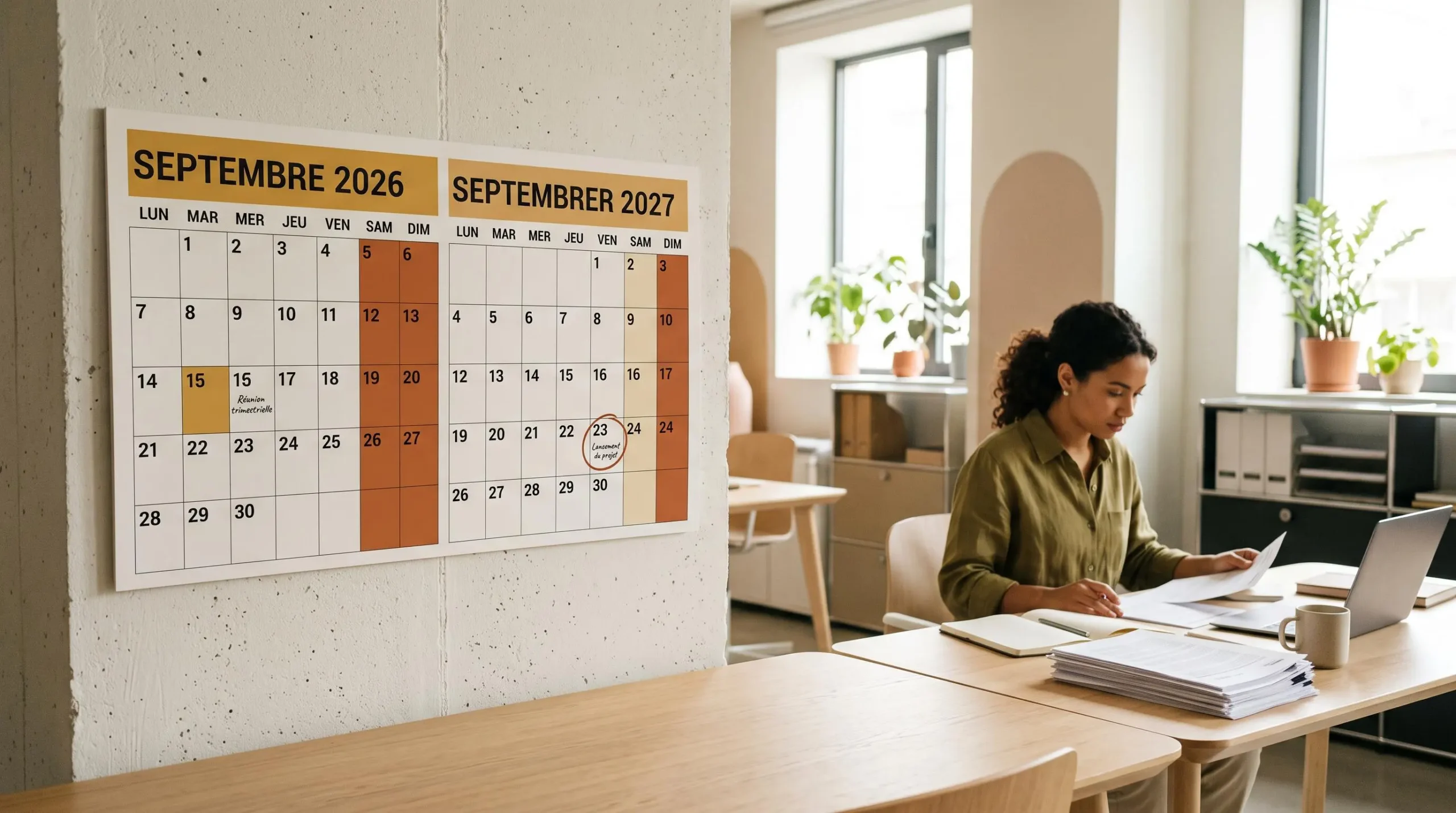 Planning mural de bureau avec les dates septembre 2026 et septembre 2027 marquées et encadrées, personne consultant des documents en arrière-plan