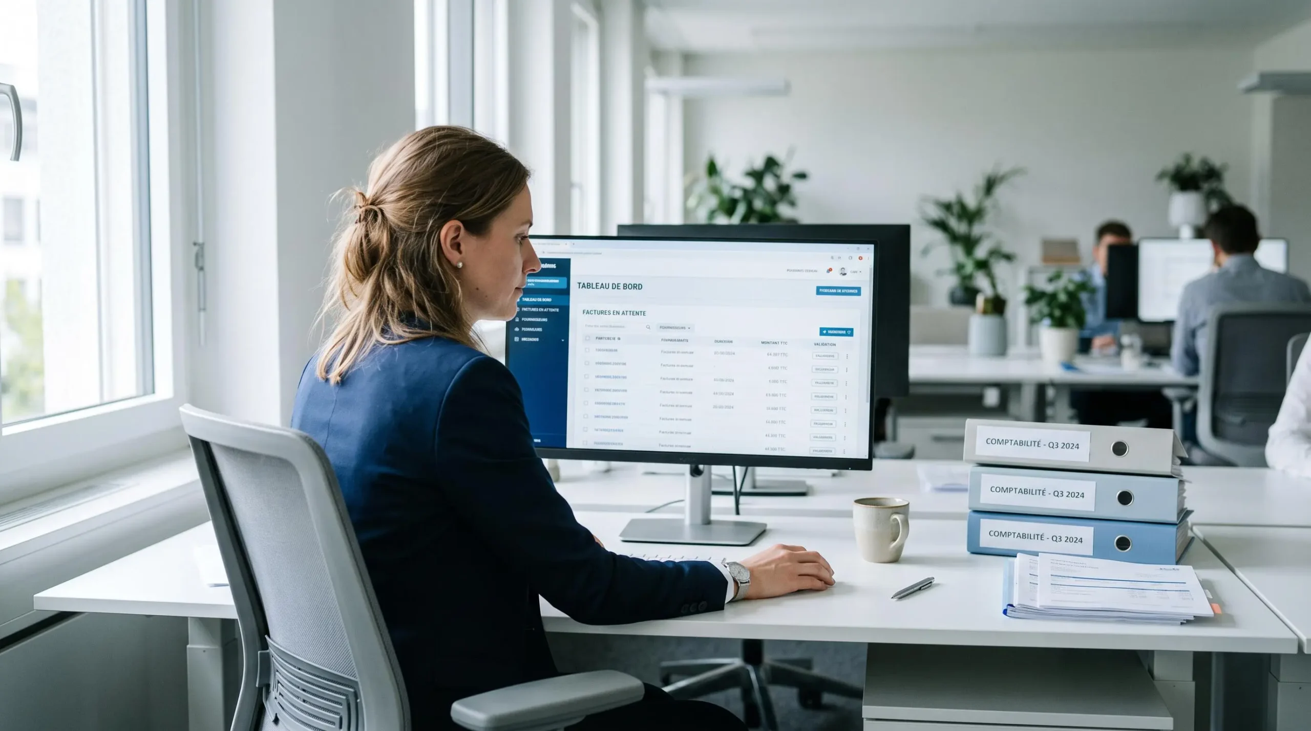 Responsable administrative dans un bureau contemporain consultant une interface de facturation électronique sur son ordinateur, avec documents comptables organisés sur le bureau