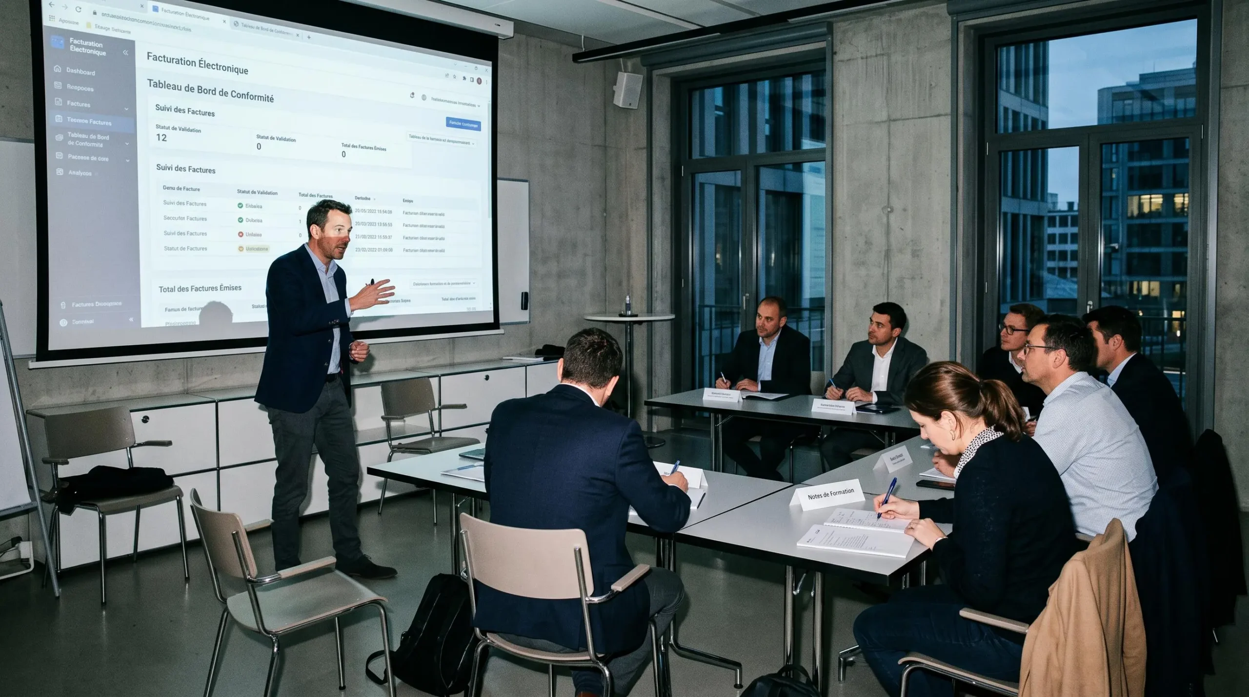 Session de formation en salle de réunion d'entreprise, formateur présentant une interface de facturation électronique sur grand écran aux participants qui prennent des notes